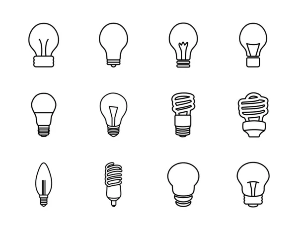 Spiraallampen en lampjes icoon set, lijnstijl — Stockvector