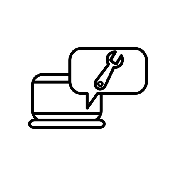 Concepto de servicio de soporte, computadora portátil con burbuja de voz con icono de herramienta de llave inglesa, estilo de línea — Vector de stock
