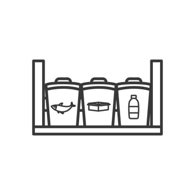 Çöp kutularıyla dolu raf geri dönüşüm sembolleri, satır biçimi