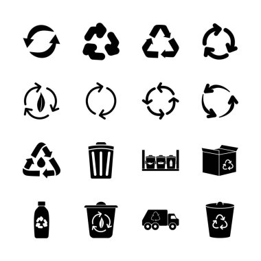 Plastik şişe ve geri dönüşüm simgesi seti, siluet biçimi