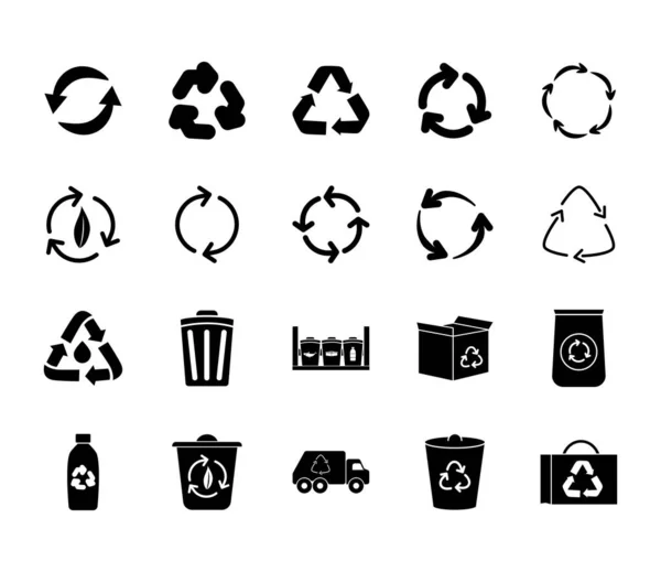 Recycle symbols and recycling icon set, silhouette style — Stock Vector