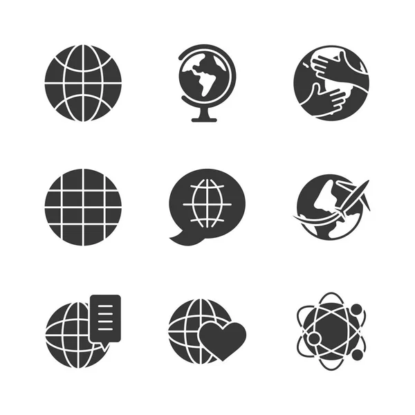 Global network and world icon set, silhouette style — Stock Vector