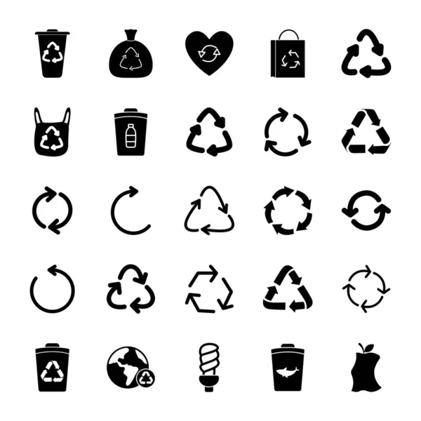 Earth planet and recycle icon set, silhouette style — Stock Vector