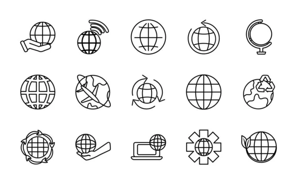 Planète terre et icône du monde ensemble, style ligne — Image vectorielle