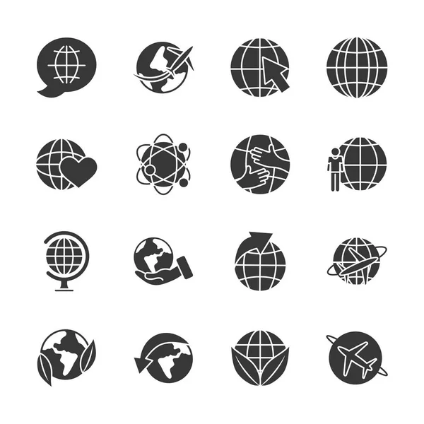 Arrows and global spheres icon set, silhouette style — Stock Vector