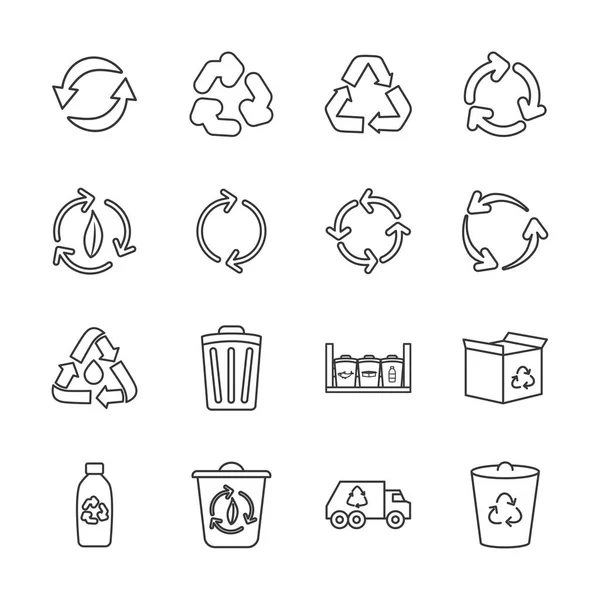 Plastová láhev a sada ikon recyklace, styl linky — Stockový vektor