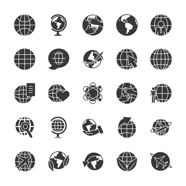 Leaves and global spheres icon set, silhouette style — Stock Vector