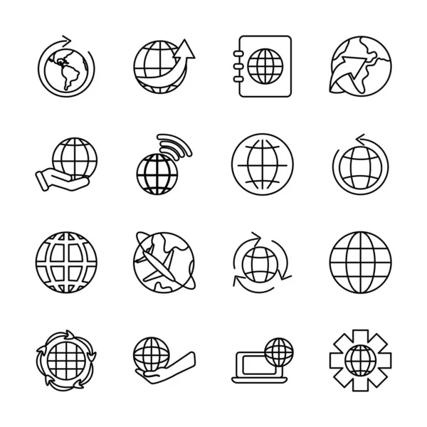 Tandwiel en wereld pictogram set, lijn stijl — Stockvector