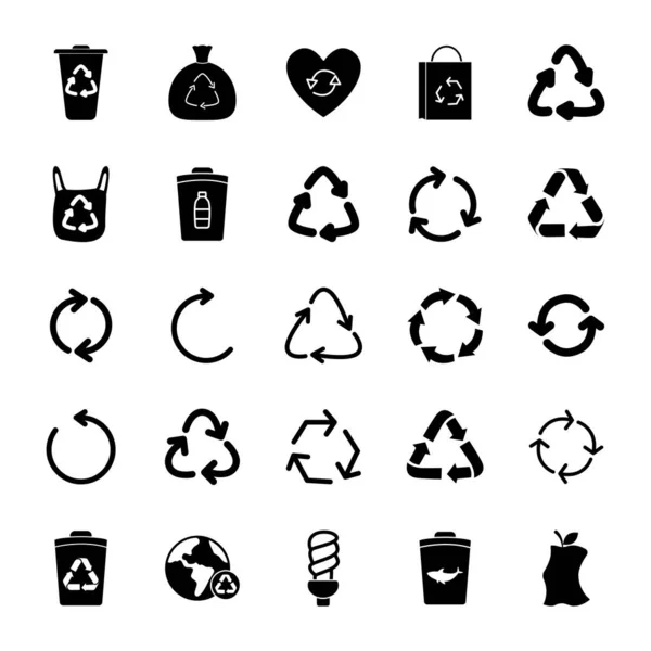 Terra pianeta e riciclare set di icone, stile silhouette — Vettoriale Stock
