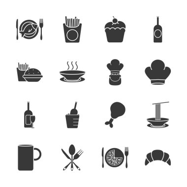 Hamburger ve restoran ikonu seti, siluet tarzı