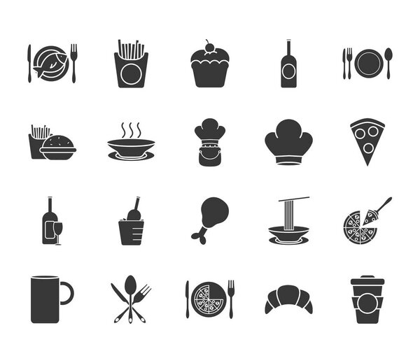 coffee mug and restaurant icon set, silhouette style