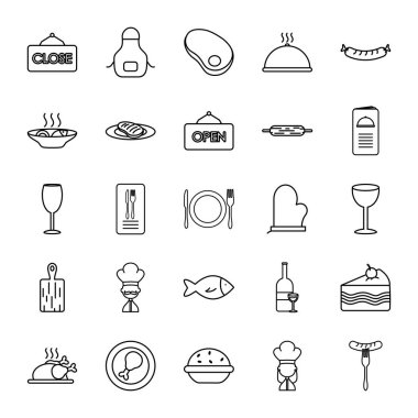 Mutfak önlüğü ve restoran simgesi seti, satır biçimi