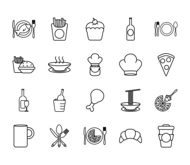 kahve fincanı ve restoran ikonu seti, satır biçimi