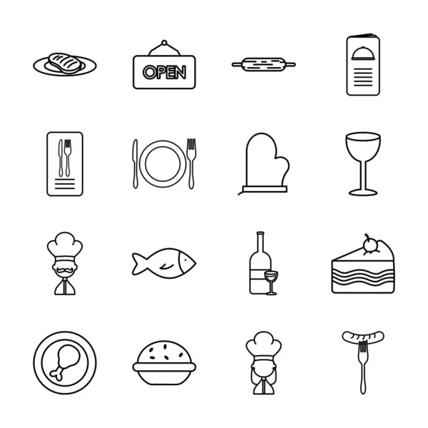 Matlagning handske och restaurang ikon set, linje stil — Stock vektor