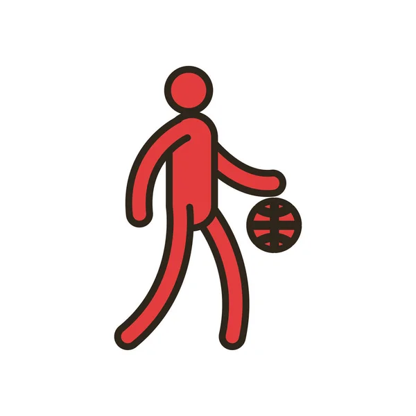Pemain dengan bola garis basket dan desain vektor ikon isian gaya - Stok Vektor