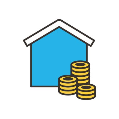 Bozuk paralar ve banka inşa çizgisi ve biçim ikonu vektör tasarımını doldur