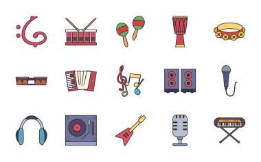 Müzik enstrümanları satırı ve biçim simgesi set vektör tasarımı