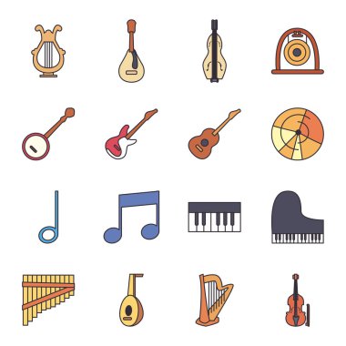 Müzik enstrümanları satırı ve biçim simgesi set vektör tasarımı