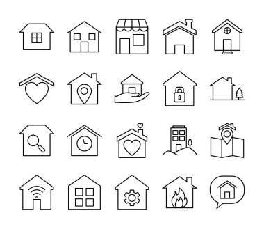 harita ve evler simgesi seti, satır biçimi