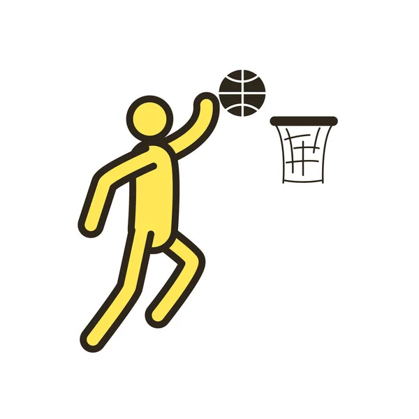 バスケットボールジャンプラインと塗りつぶしスタイルのアイコンベクトルデザインのボールを持つプレーヤー — ストックベクタ