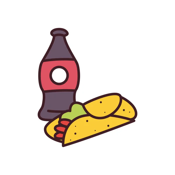 Burrito och läsk flaska linje och fyll stil ikon vektor design — Stock vektor