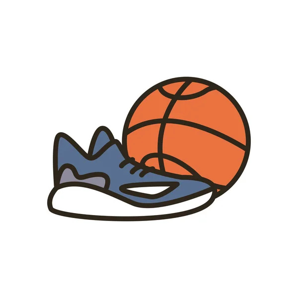 Мяч с обувью баскетбольной линии и стиль заливки иконка векторный дизайн — стоковый вектор