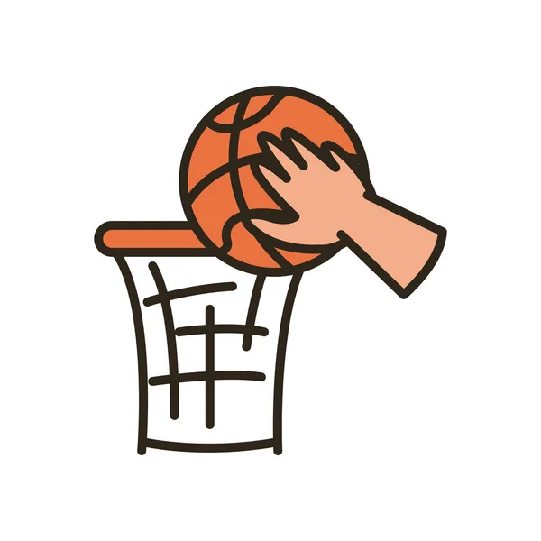 Mano con bola y aro de canasta de la línea de baloncesto y el estilo de relleno icono de diseño vectorial — Archivo Imágenes Vectoriales