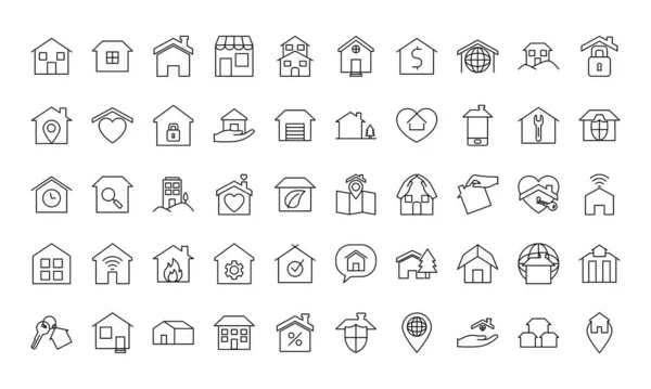 Casa y casas icono conjunto, estilo de línea — Vector de stock