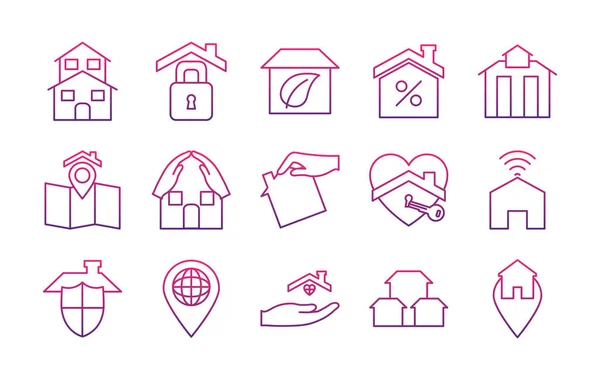 Pin de ubicación y conjunto de iconos para el hogar, estilo gradiente — Vector de stock