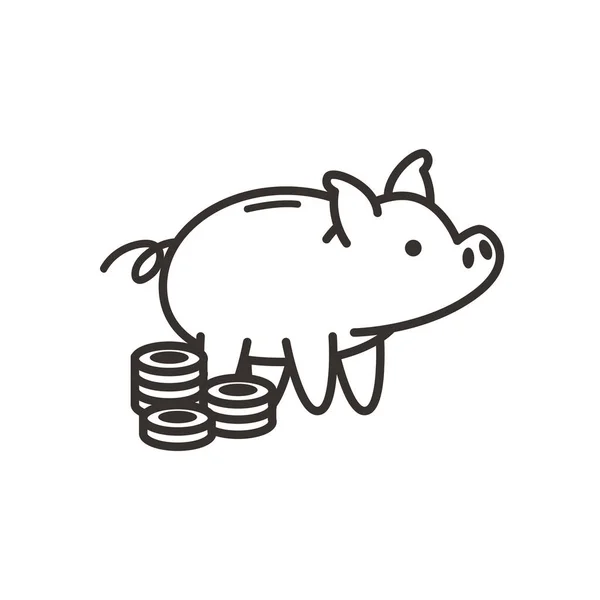 Munten en piggy lijn stijl pictogram vector ontwerp — Stockvector