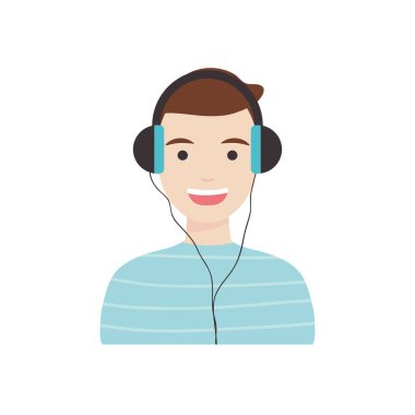 Çeşitlilik insanları konsepti, kulaklık ikonlu çizgi film adamı, düz stil.