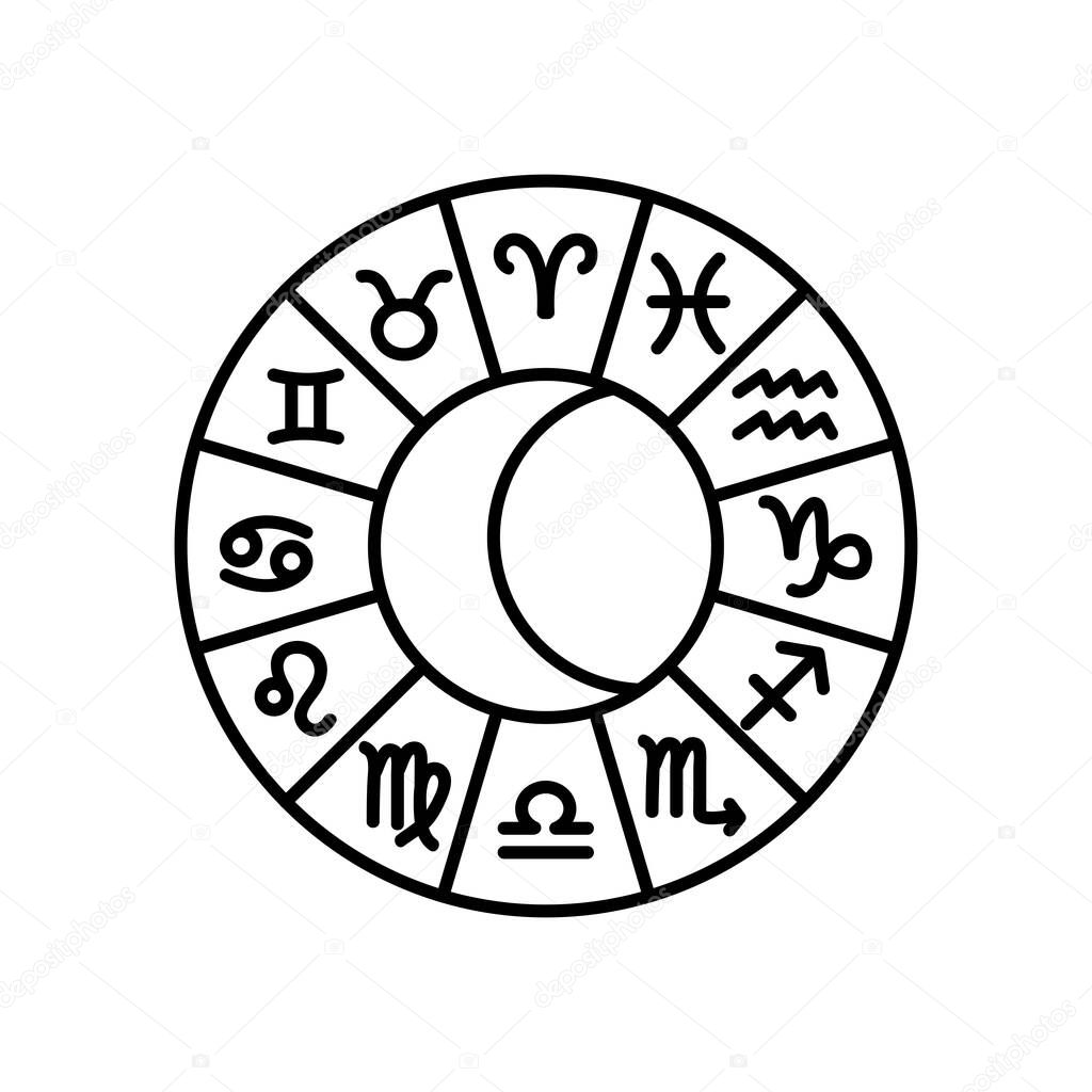 Zodiac circle with astrology symbols icon, line style