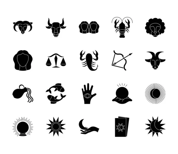 Güneş ve astroloji ikonu seti, siluet biçimi — Stok Vektör