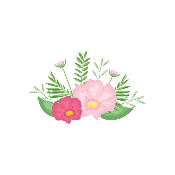 Декоративные розовые цветы и листья, детальный стиль — стоковый вектор