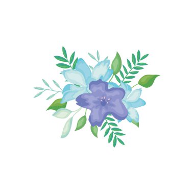 mavi ve mor çiçekler ve dekoratif yapraklar, ayrıntılı stil