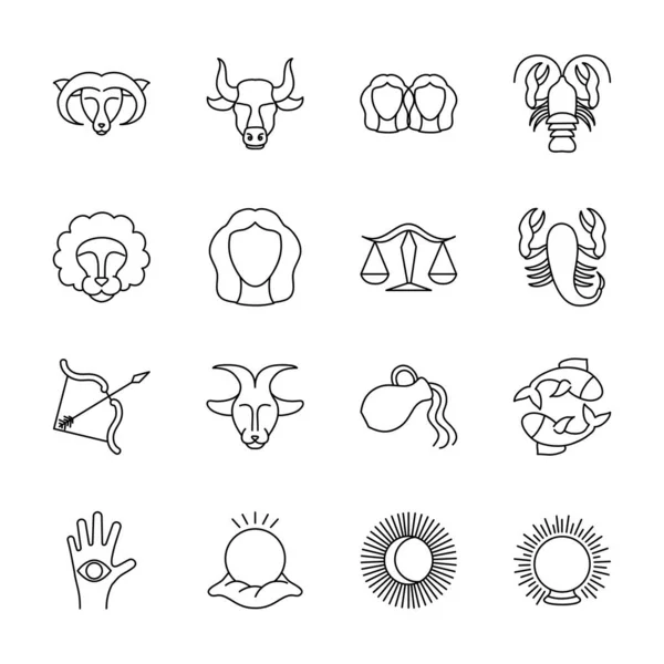 Sonne und Astrologie Zeichen Icon Set, Linienstil — Stockvektor