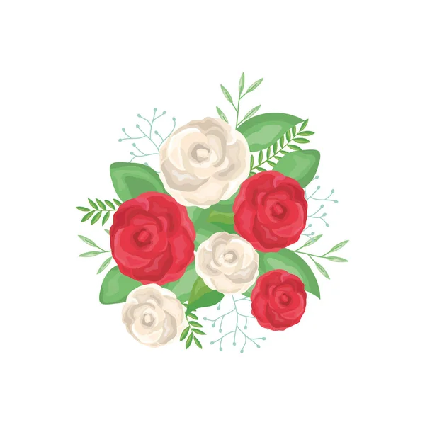 Красивые белые и красные розы с декоративными зелеными листьями, детальный стиль — стоковый вектор
