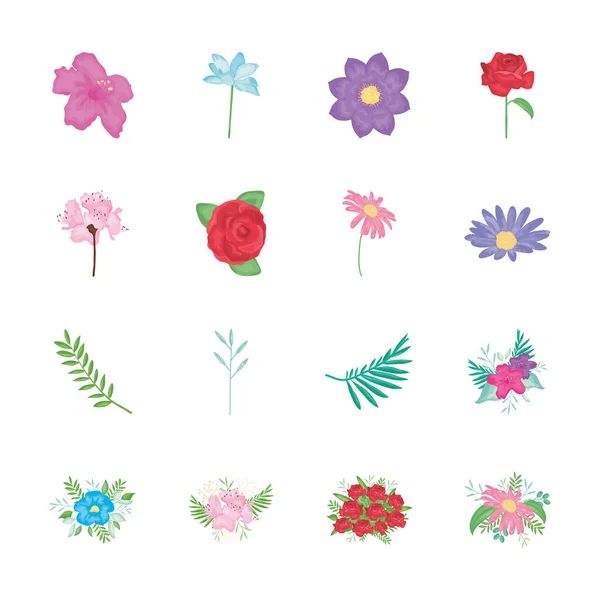 Hojas verdes y hermosas flores icono conjunto, estilo detallado — Vector de stock