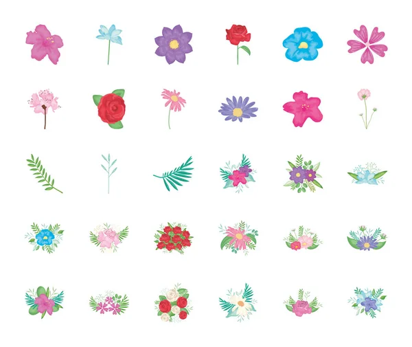 Mor çiçekler ve güzel çiçek ikonu seti, ayrıntılı stil — Stok Vektör