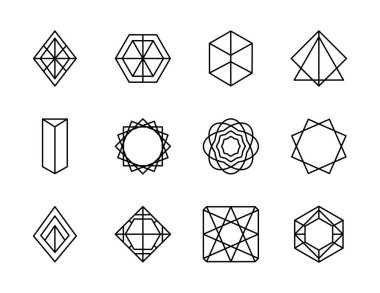 küp ve geometrik şekillerden oluşan simge kümesi, çizgi biçimi