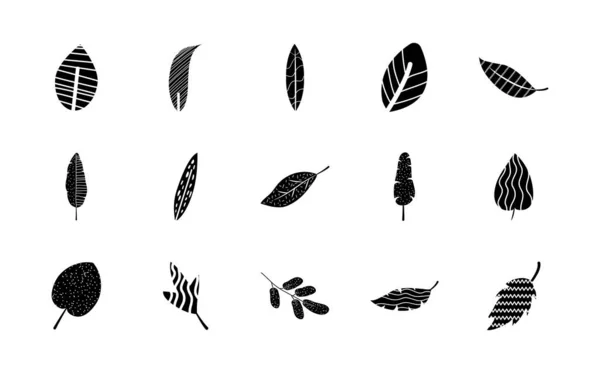 Icono conjunto de hojas abstractas de palma tropical, estilo silueta — Vector de stock