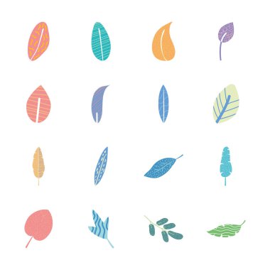 Sarmaşık yaprağı ve soyut tropikal yaprakların ikon kümesi, düz stil