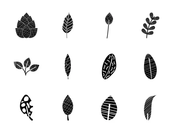 Feuilles de palmier et feuilles tropicales abstraites ensemble icône, style silhouette — Image vectorielle