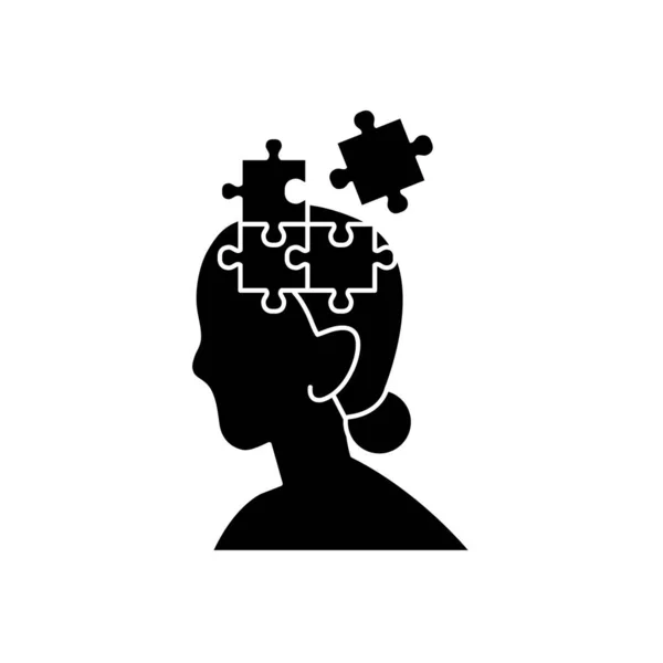 Conceito de saúde mental, cabeça de mulher com jigsaw peças ícone, estilo silhueta —  Vetores de Stock