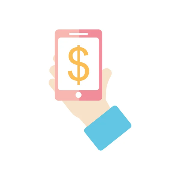 Mano in possesso di uno smartphone con simbolo di denaro sullo schermo, in stile piatto — Vettoriale Stock