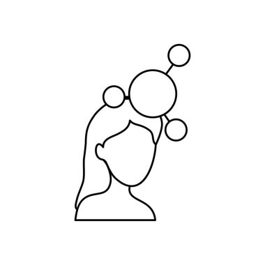 Ruh sağlığı konsepti, atom simgesi olan kadın kafası, çizgi tarzı.