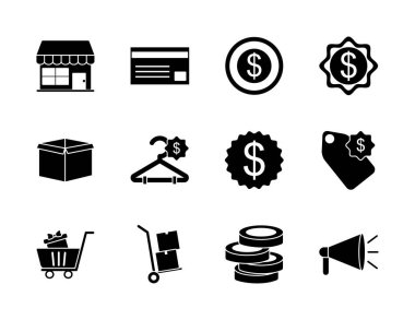 Kredi kartları ve alışveriş simgesi seti, siluet biçimi