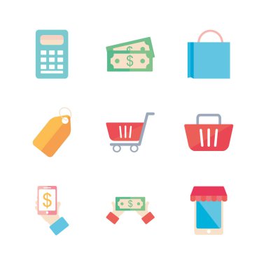 Hesap makinesi ve alışveriş simgesi kümesi, düz biçim