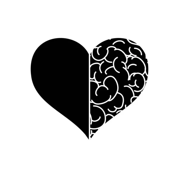 Conceito de saúde mental, coração com metade do ícone do cérebro, estilo silhueta —  Vetores de Stock