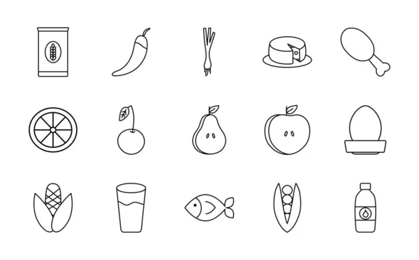 Icono conjunto de alimentos saludables y frutas, estilo de línea — Vector de stock